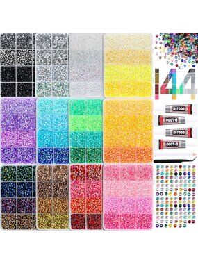 90000Pcs Rhinestone Bedazzling Kit - 12 Colors, Flatback Gems & Jewelry Glue for